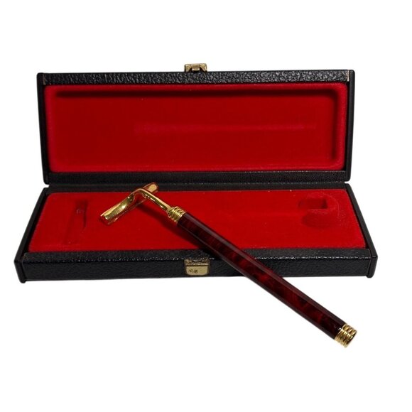 Vintage Gold Tone Safety Razor Marbled Red Handle Black Red Velvet Lined Case - Picture 1 of 9